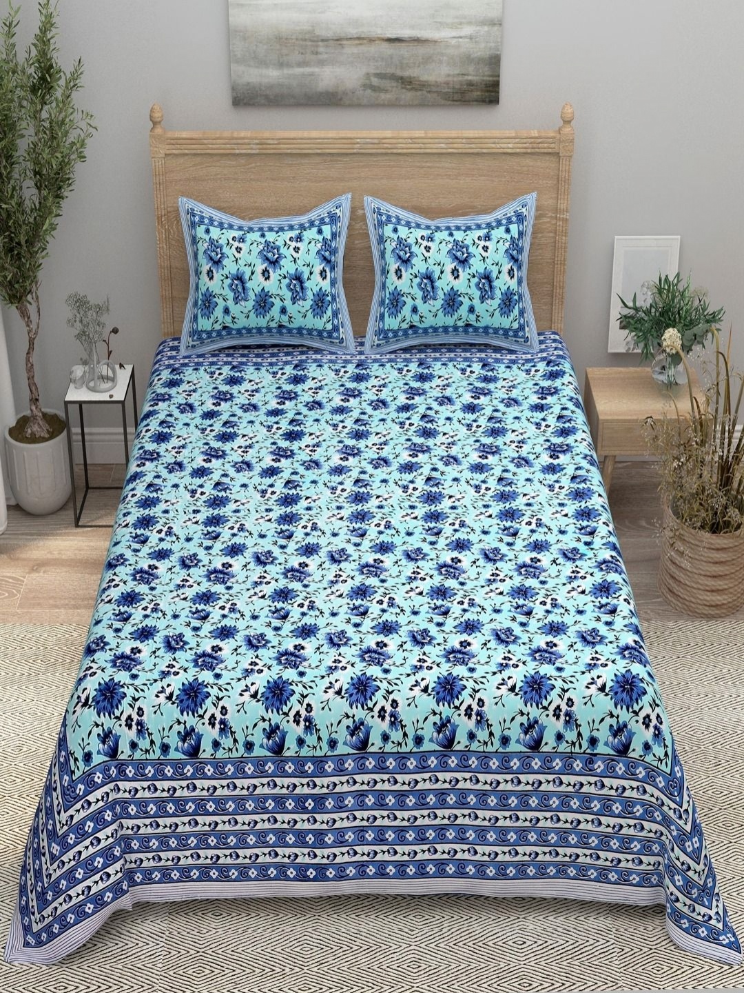 

Aura Blue & White Printed 144 TC Pure Cotton Double King Bedsheet With 2 Pillow Covers