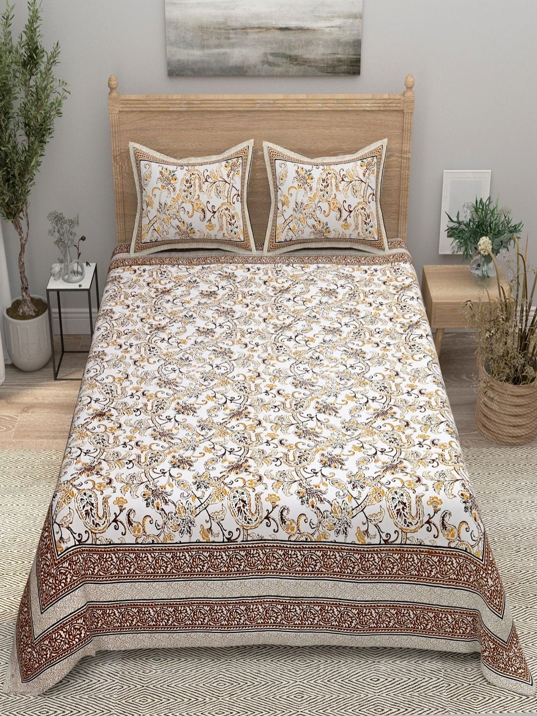 

Aura Beige Floral Printed 144 TC Pure Cotton Double King Bedsheet & 2 Pillow Covers
