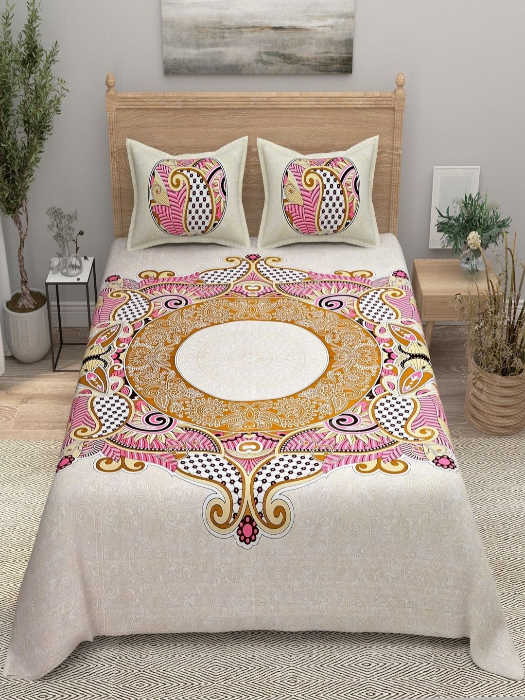 

Aura Pink & Beige Printed 144 TC Pure Cotton Double King Bedsheet With 2 Pillow Covers