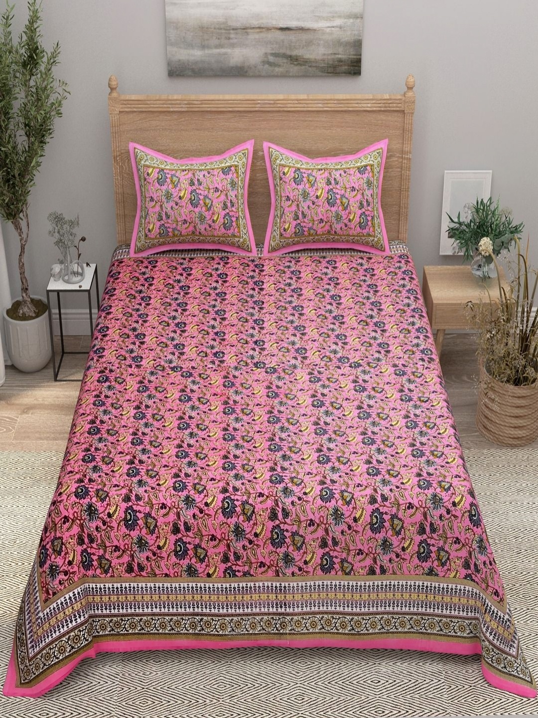 

Aura Pink & Blue Printed 144 TC Pure Cotton Double King Bedsheet With 2 Pillow Covers