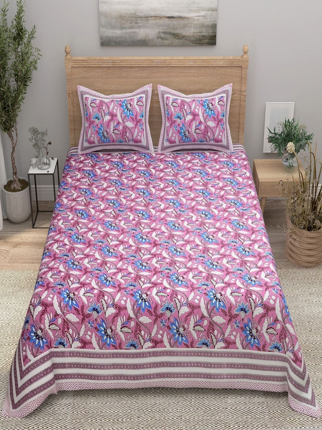 

Aura Pink & Purple Printed 144 TC Pure Cotton Double King Bedsheet With 2 Pillow Covers