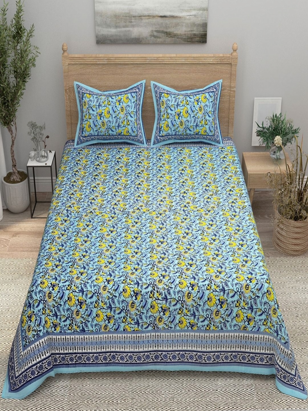 

Aura Turquoise Blue Printed 144 TC Pure Cotton Double King Bedsheet With 2 Pillow Covers