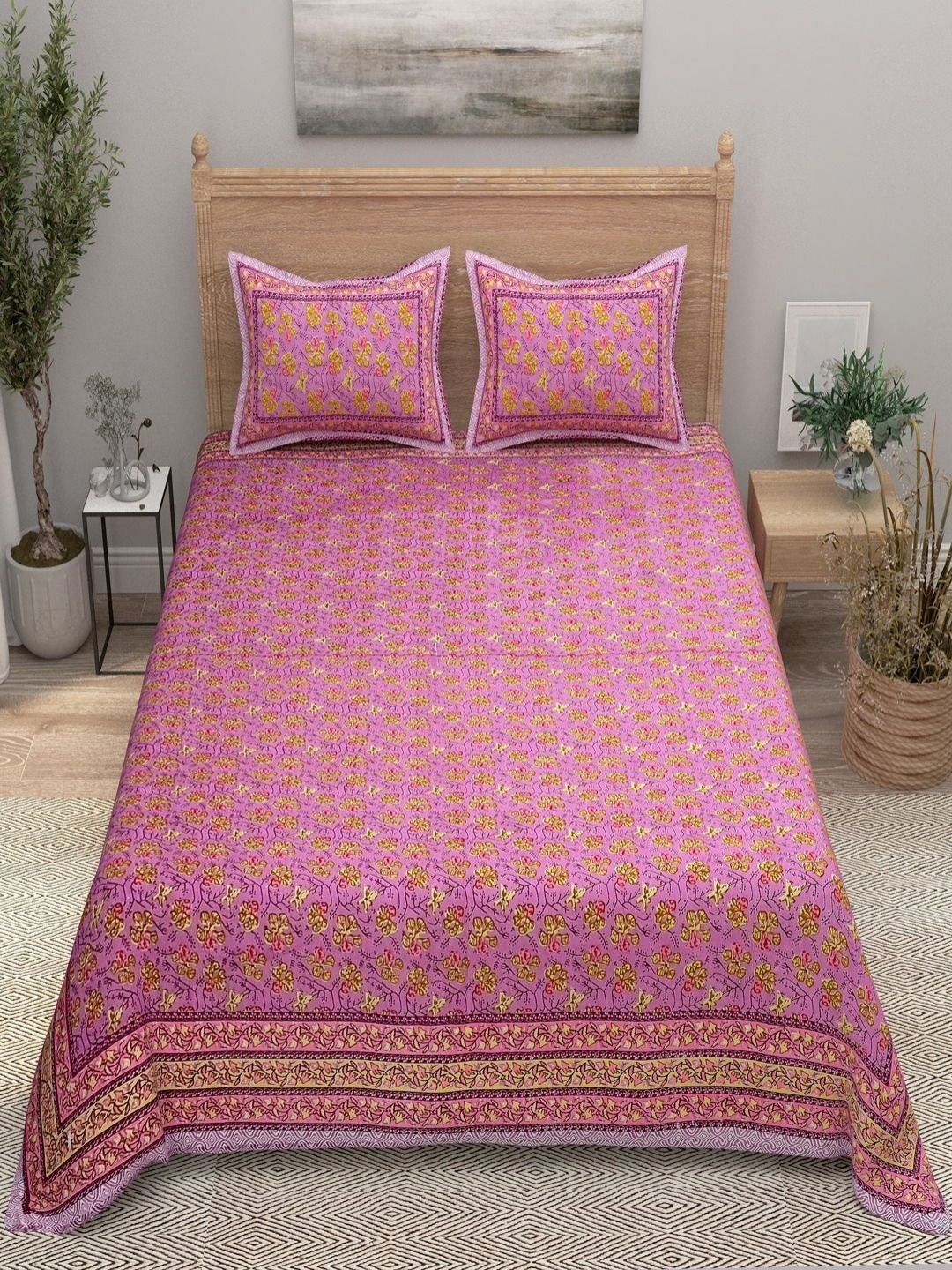 

Aura Pink & Yellow Printed 144 TC Pure Cotton Double King Bedsheet With 2 Pillow Covers
