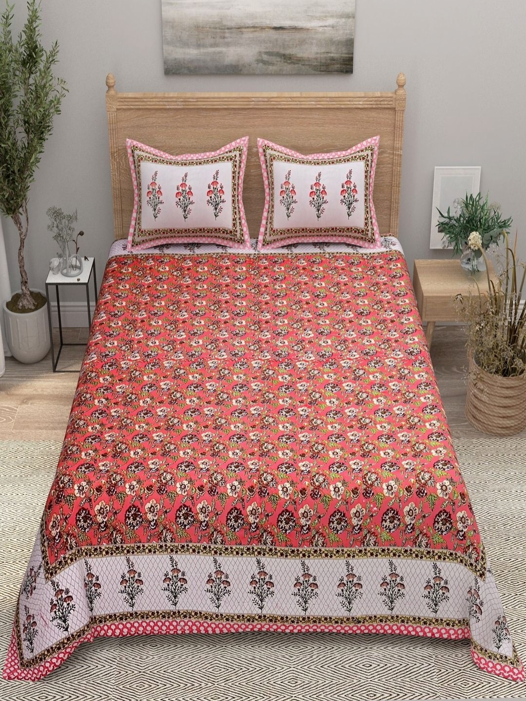

Aura Red & White Printed 144 TC Pure Cotton Double King Bedsheet With 2 Pillow Covers