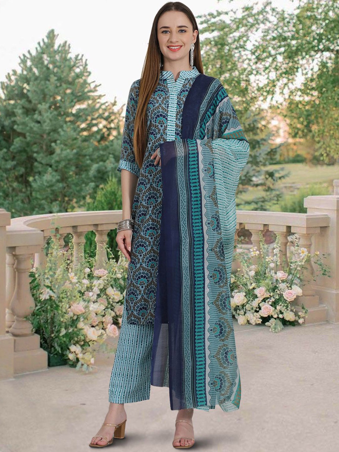 

7Threads Floral Printed Regular Pure Cotton Straight Kurta With Trousers & Dupatta, Teal