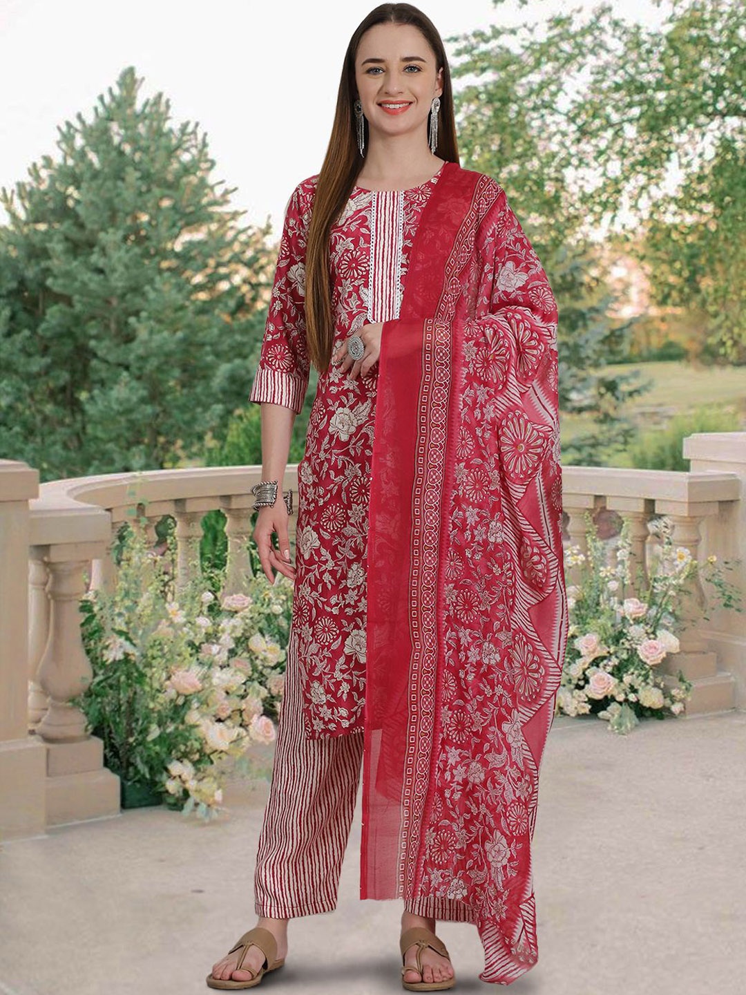 

7Threads Floral Printed Pure Cotton Straight Kurta With Trousers & Dupatta, Pink