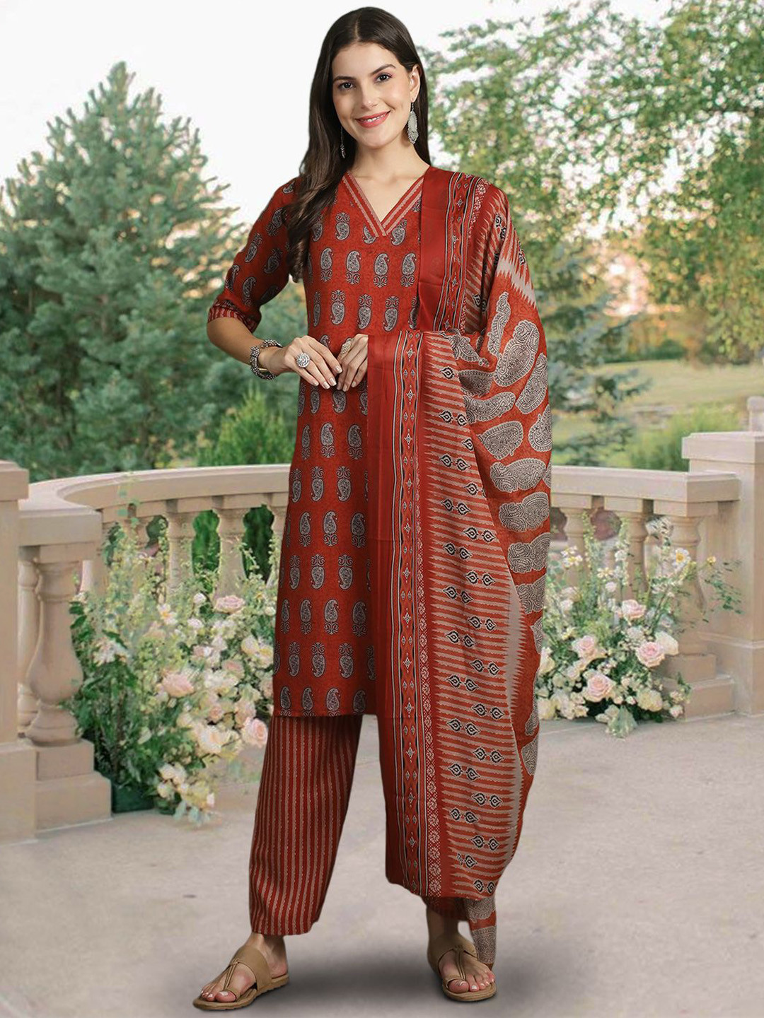 

7Threads Paisley Printed Pure Cotton Straight Kurta With Trousers & Dupatta, Red