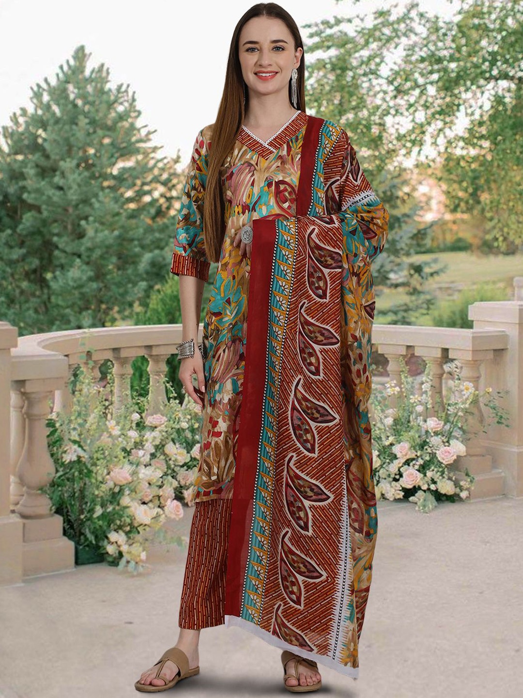 

7Threads Floral Printed Pure Cotton Straight Kurta With Trousers & Dupatta, Brown