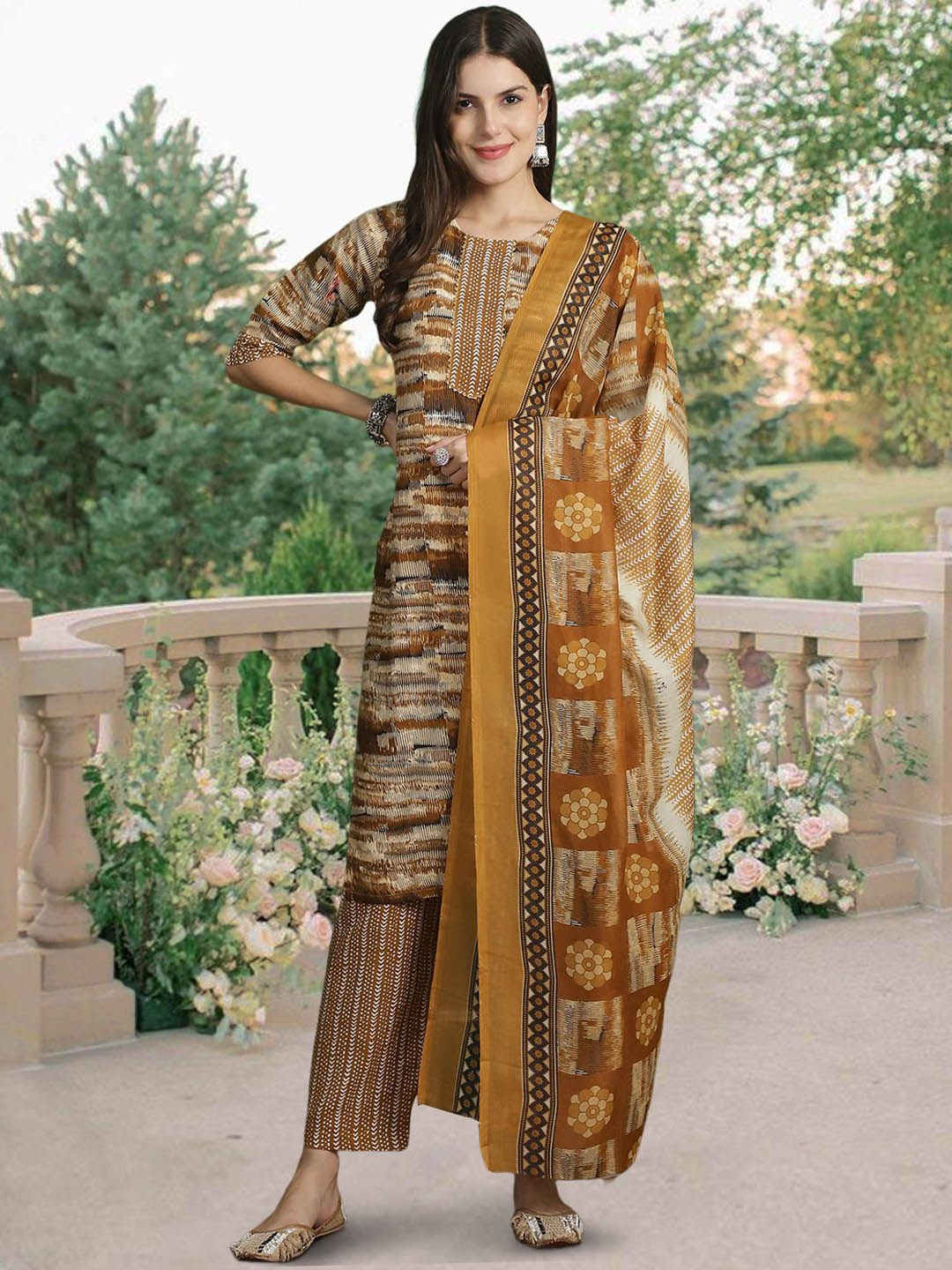 

7Threads Abstract Printed Pure Cotton Straight Kurta With Trousers & Dupatta, Brown