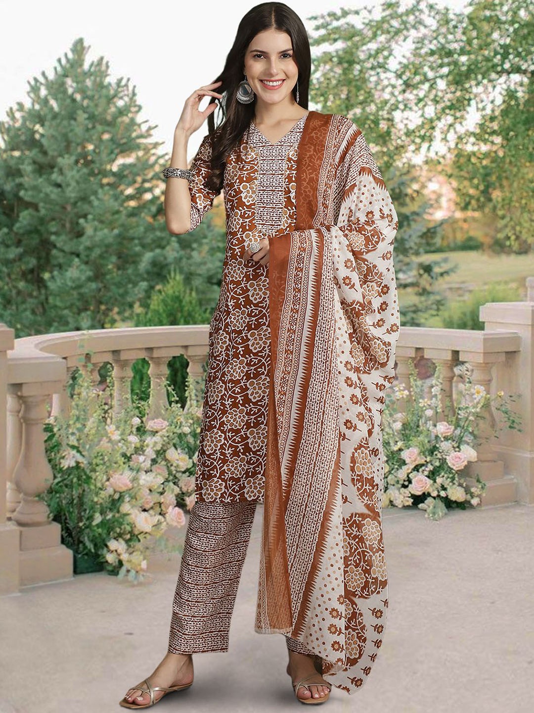 

7Threads Floral Printed Pure Cotton Straight Kurta With Trousers & Dupatta, Rust