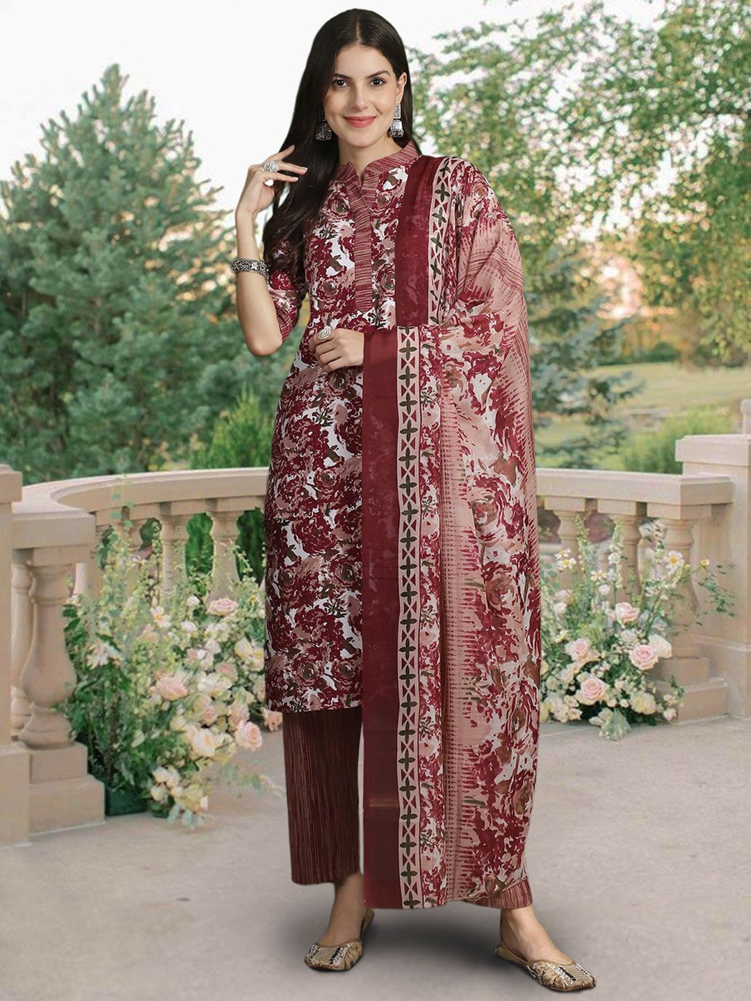 

7Threads Abstract Printed Pure Cotton Straight Kurta With Trousers & Dupatta, Maroon