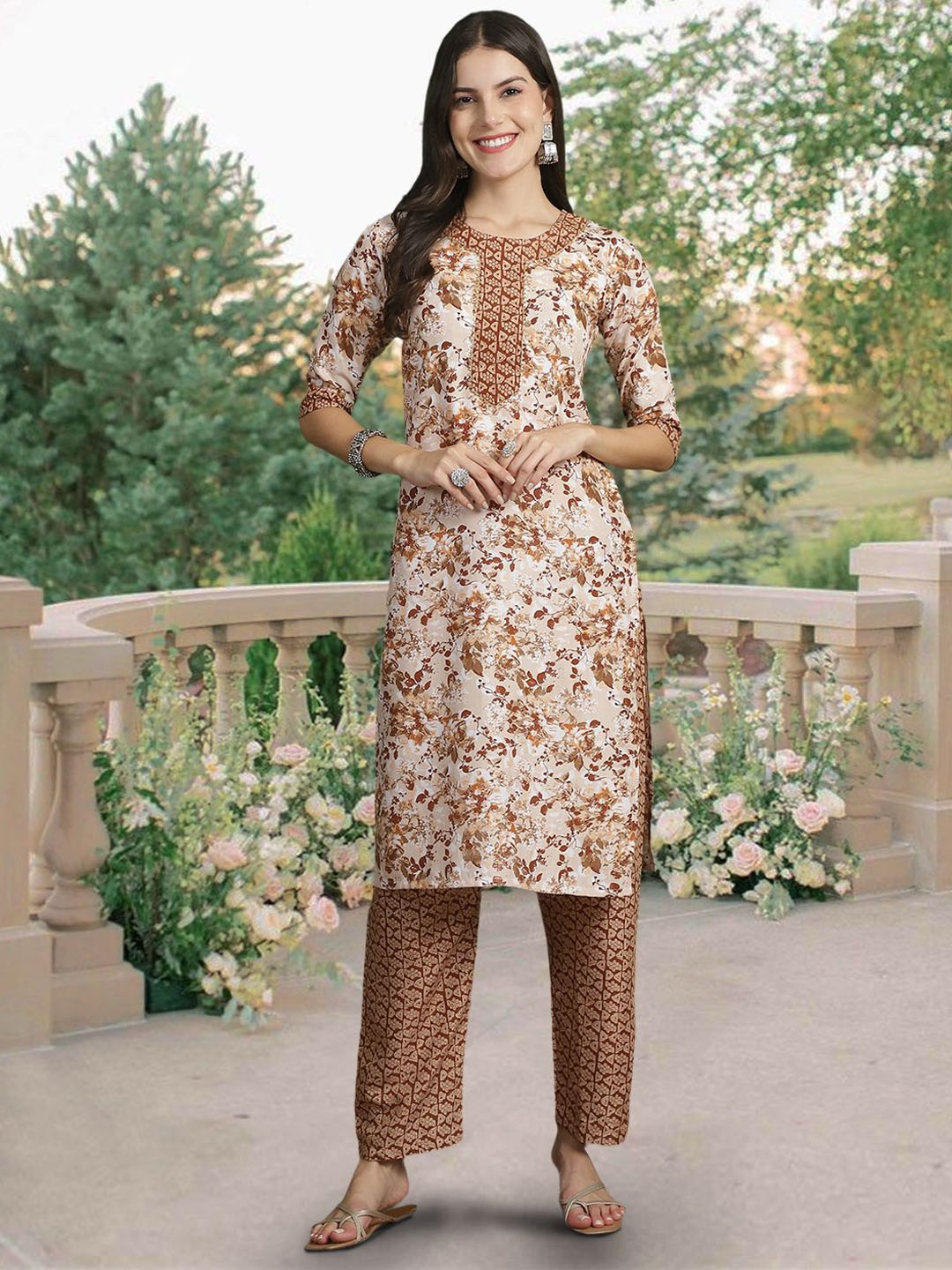 

7Threads Floral Printed Pure Cotton Straight Kurta With Trousers & Dupatta, Brown