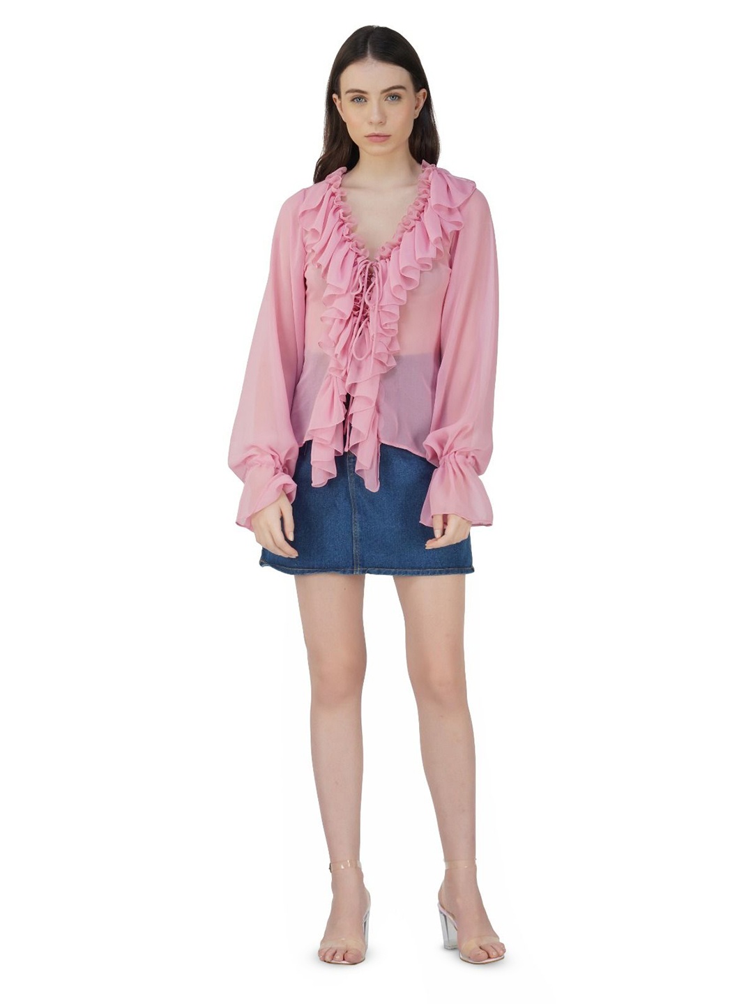 

DEPANO Tie-Up Neck Bell Sleeve Georgette Top, Pink
