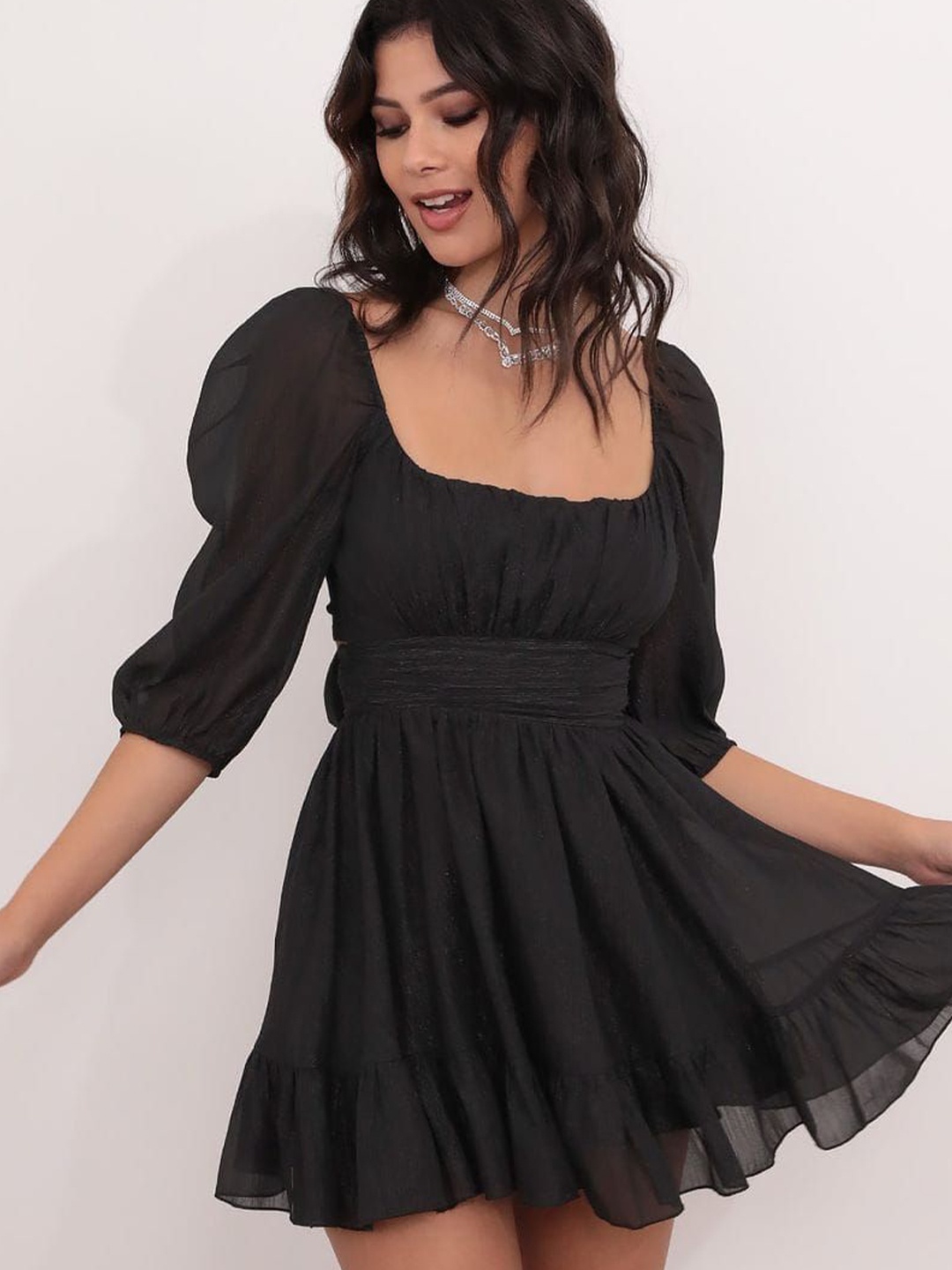 

Fashion2wear Puff Sleeve Georgette Fit & Flare Mini Dress, Black
