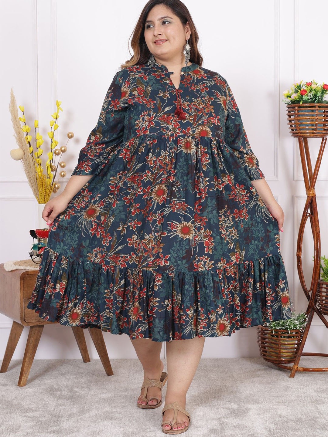 

Swasti Plus Size Floral Print A-Line Midi Dress, Green