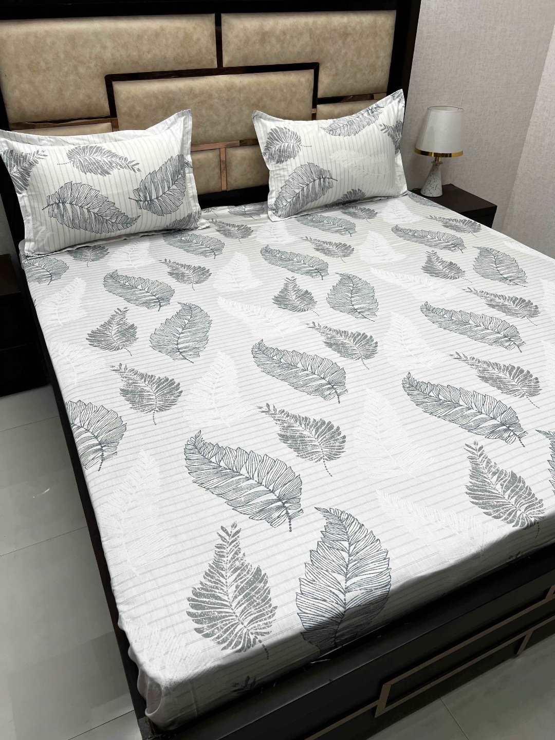 

Pure Decor White & Grey Floral Cotton 300 TC King Bedsheet with 2 Pillow Covers