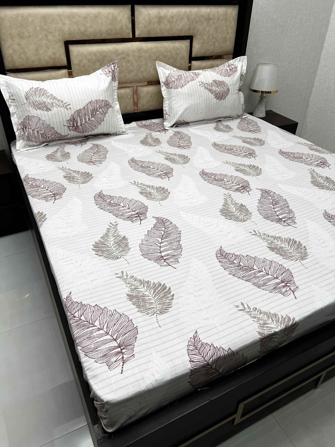

Pure Decor White & Brown Floral Cotton 300 TC King Bedsheet with 2 Pillow Covers
