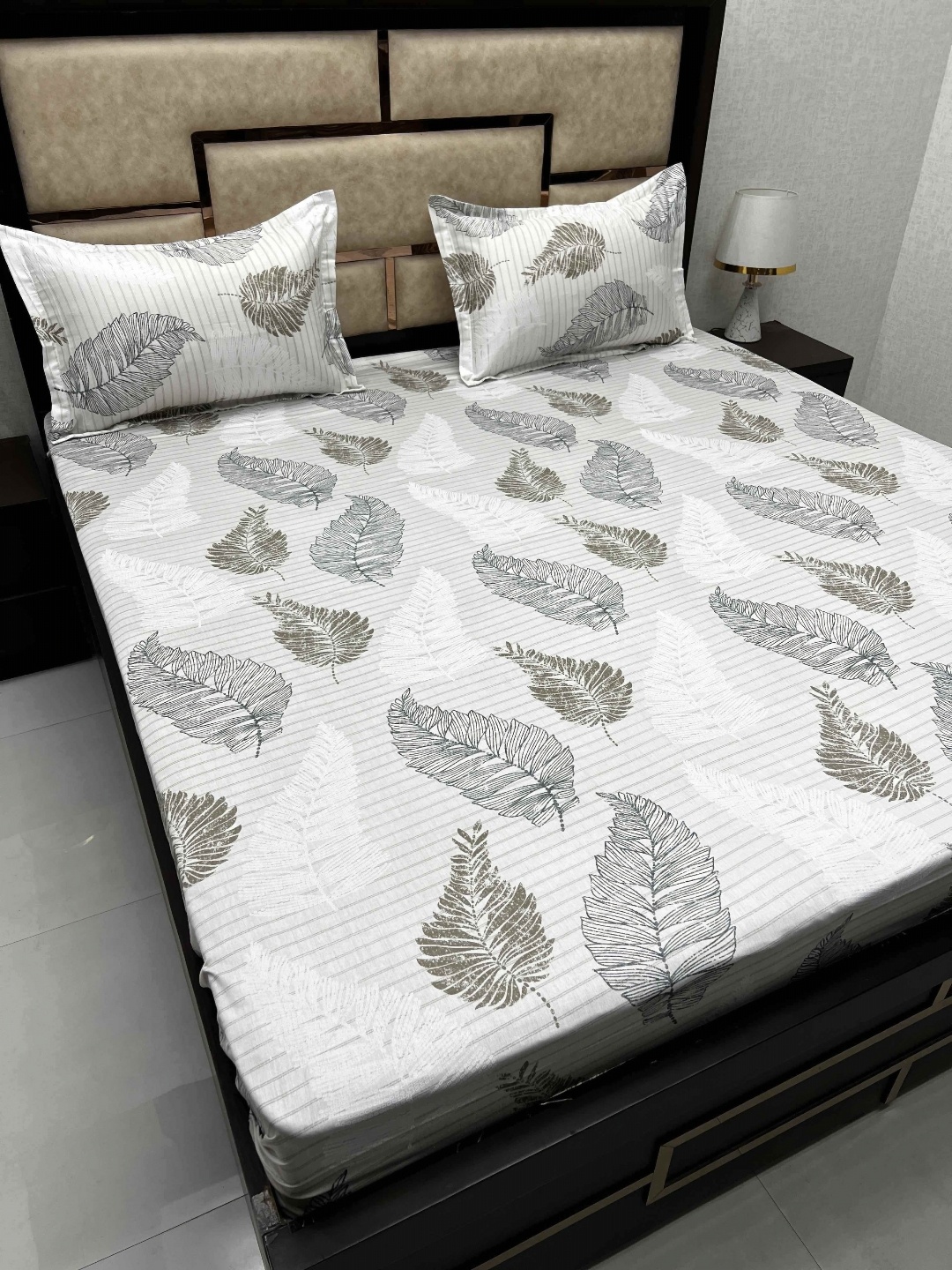 

Pure Decor White & Grey Floral Cotton 300 TC King Bedsheet with 2 Pillow Covers