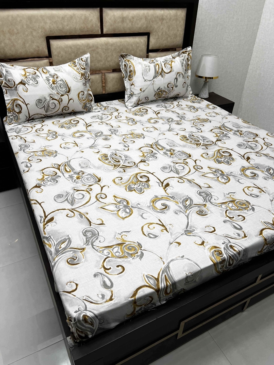 

Pure Decor White & Grey Ethnic Motifs Cotton 300 TC King Bedsheet with 2 Pillow Covers