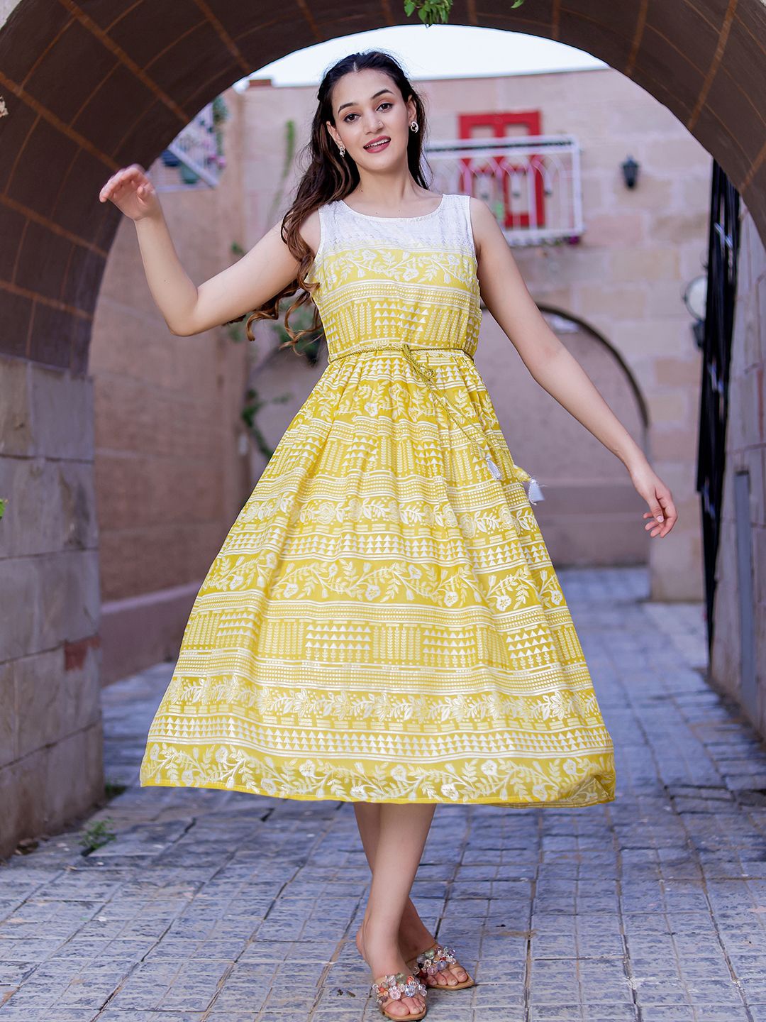 

VASVI Print A-Line Dress, Green