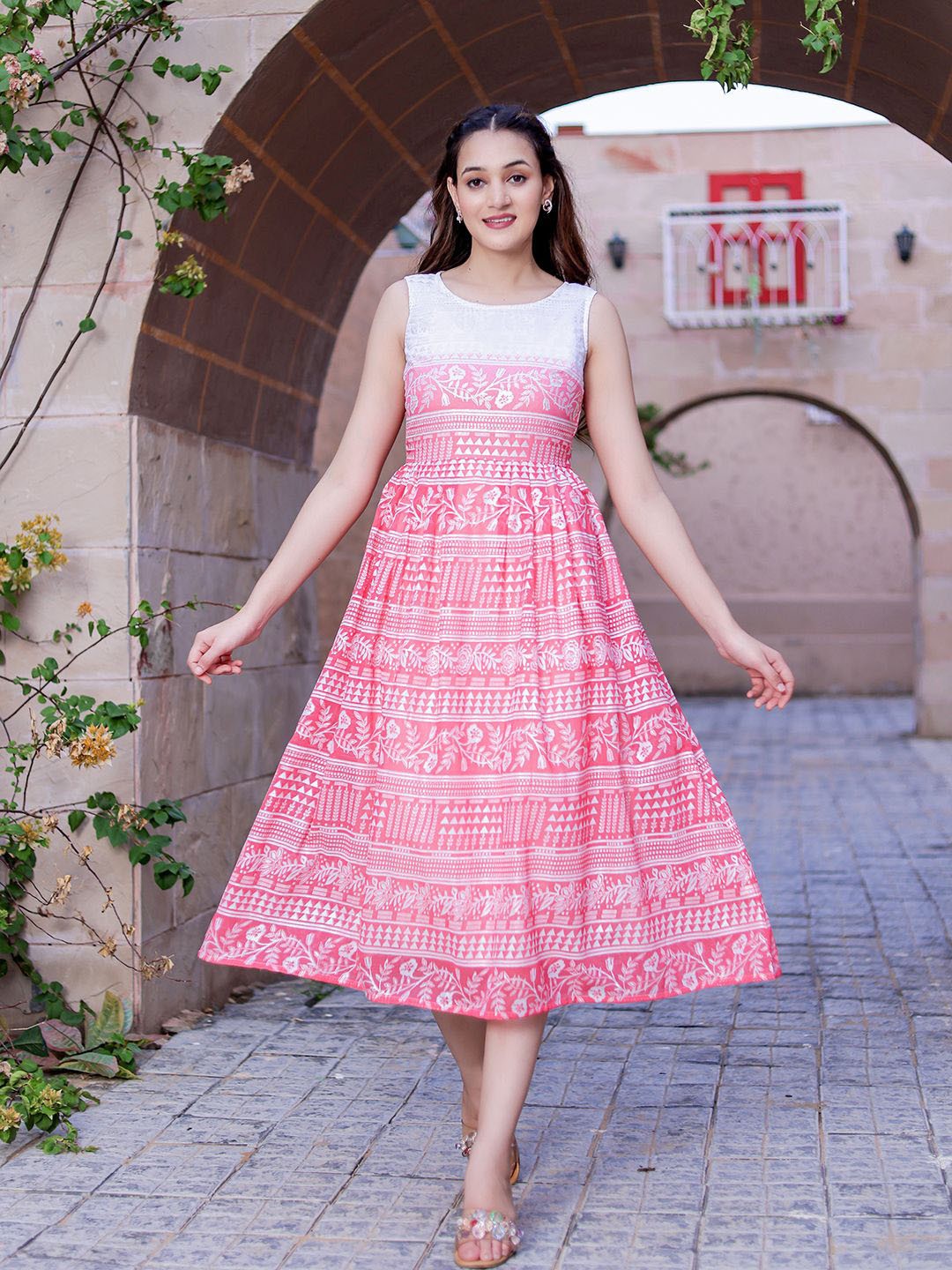 

VASVI Print A-Line Dress, Pink