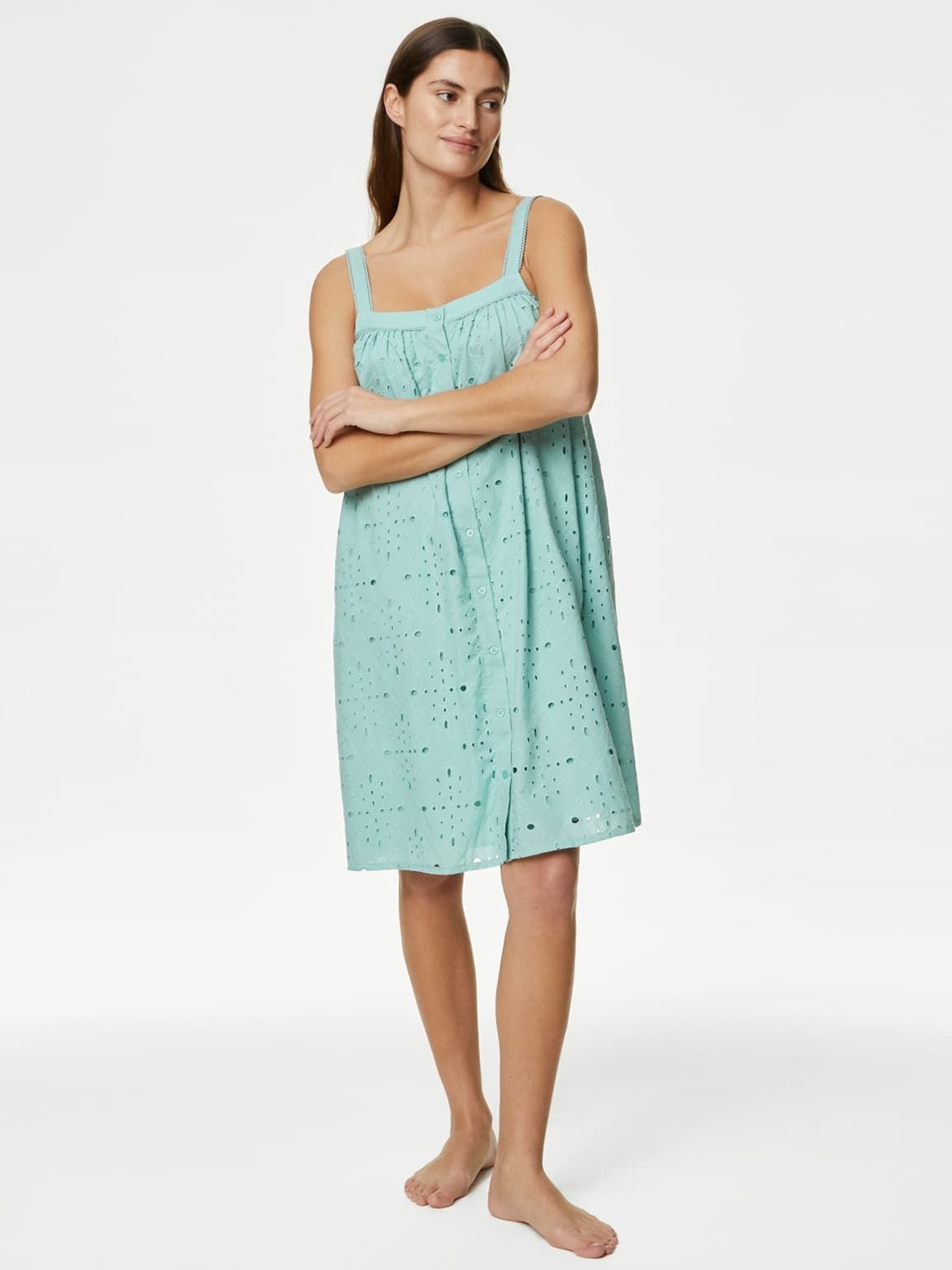 

Marks & Spencer Shoulder Straps Embroidered Schiffli Cotton Nightdress, Sea green