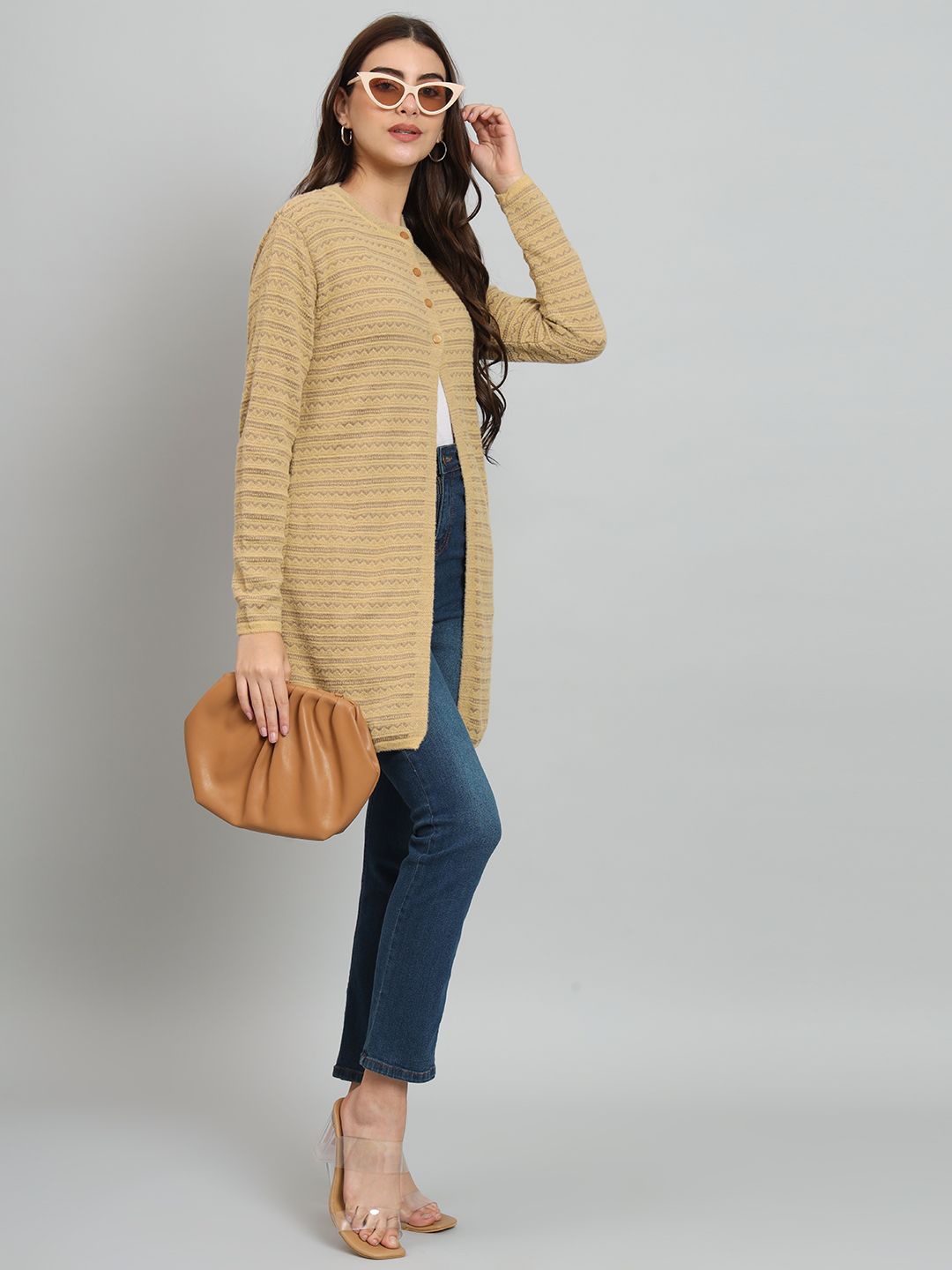 

Chemistry Women Striped Woollen Longline Cardigan, Yellow