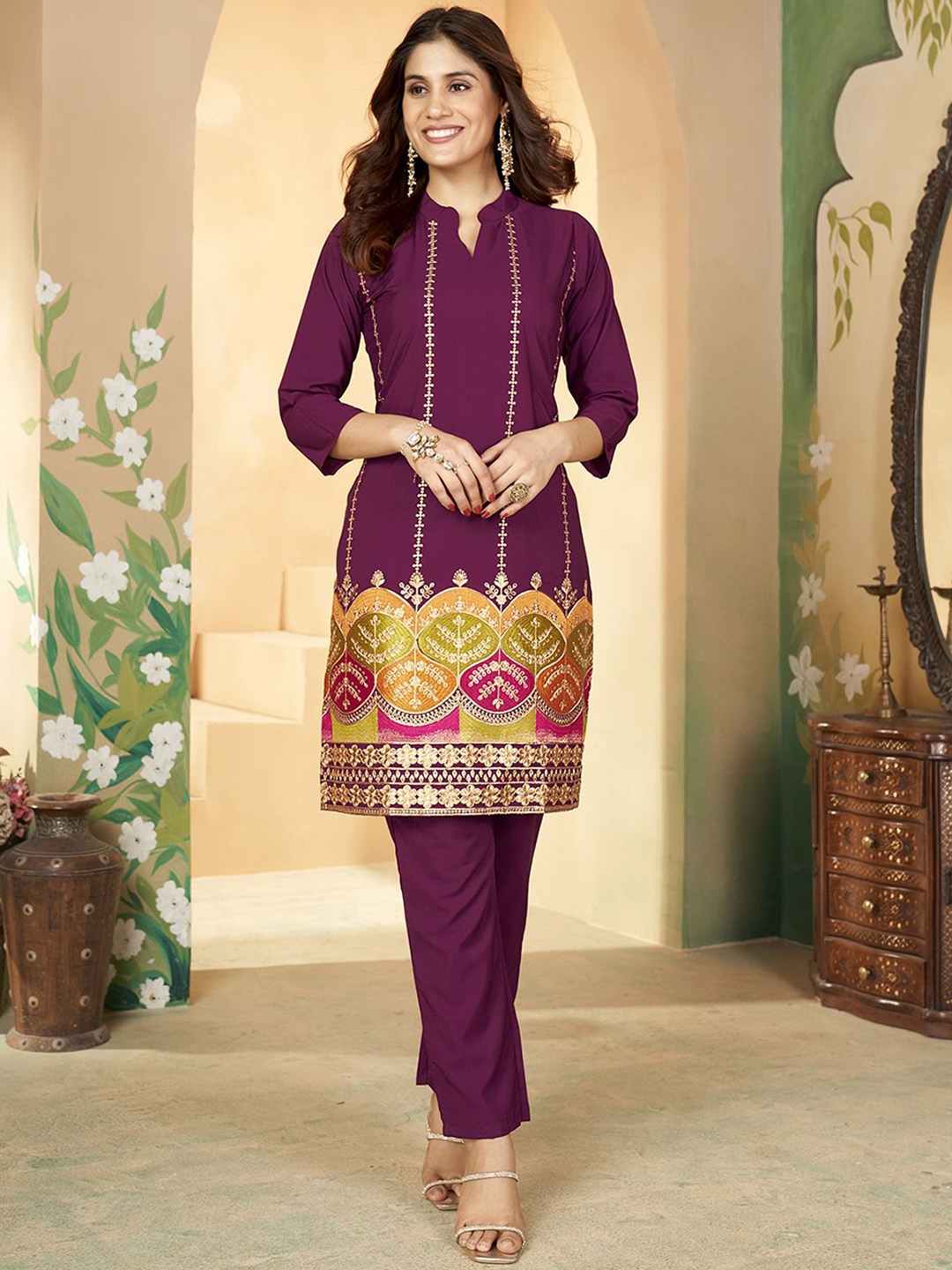 

KALINI Ethnic Motifs Woven Design Kurta with Trousers, Purple