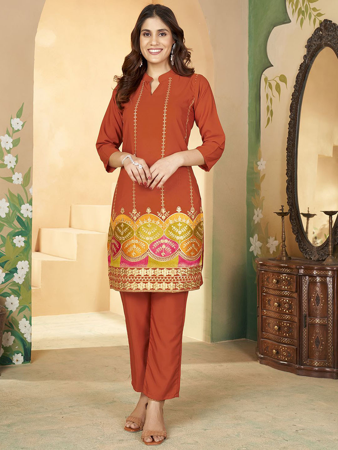 

KALINI Women Ethnic Motifs Woven Design Kurta with Trousers, Rust