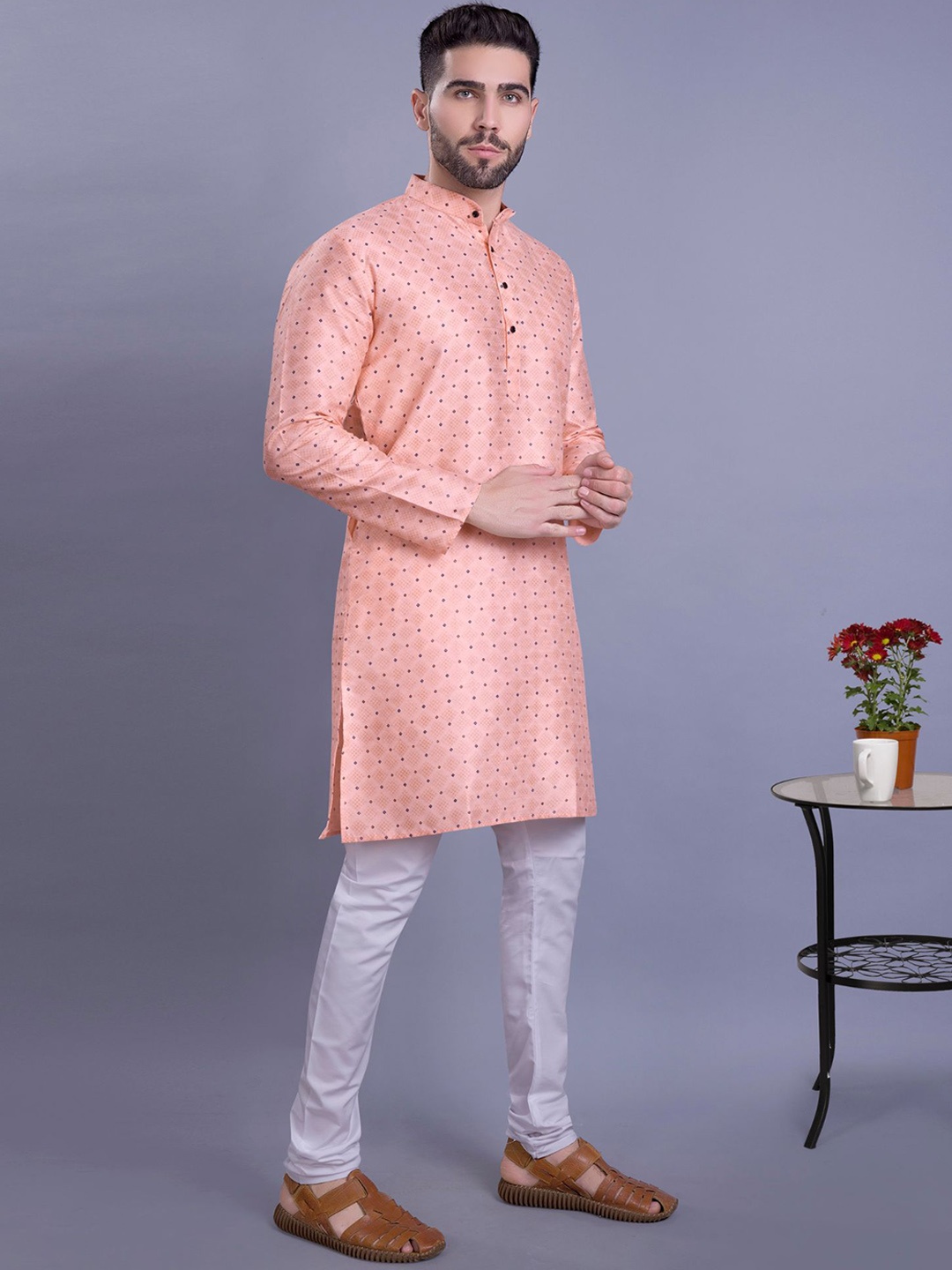 

SHIWAM ETHNIX Printed Regular Straight Kurta with Pyjamas, Peach