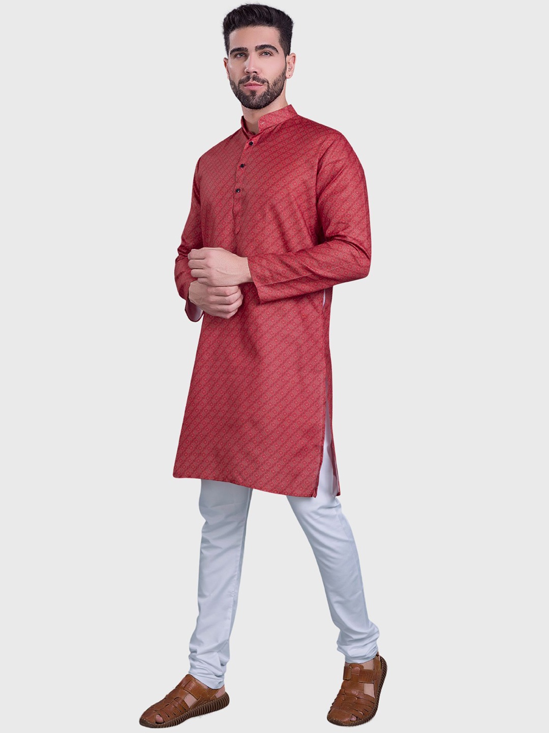 

SHIWAM ETHNIX Mandarin Collar CollarPrinted Regular Straight Kurta with Pyjamas, Red