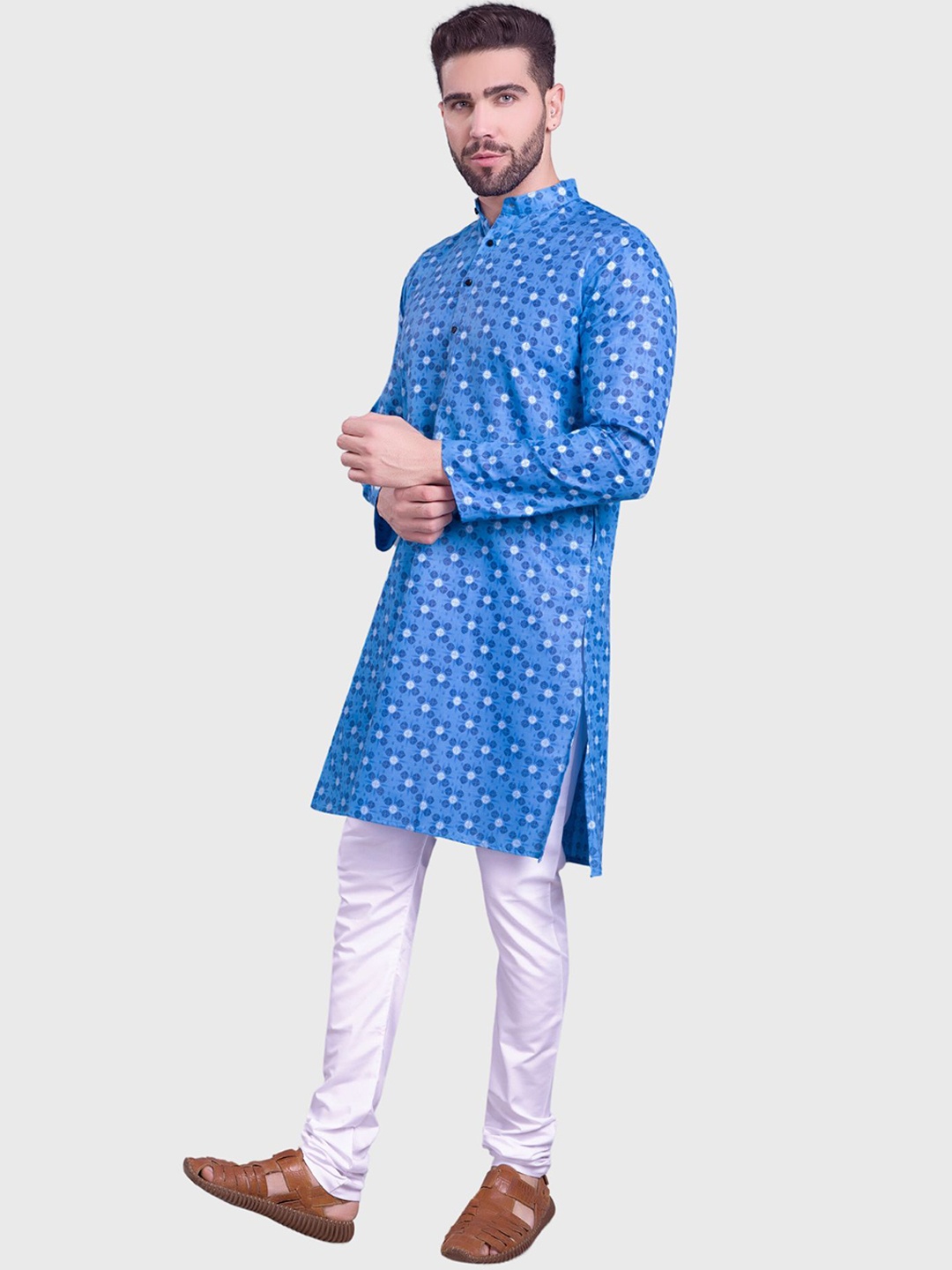 

SHIWAM ETHNIX Mandarin Collar Printed Regular Straight Kurta with Pyjamas, Blue