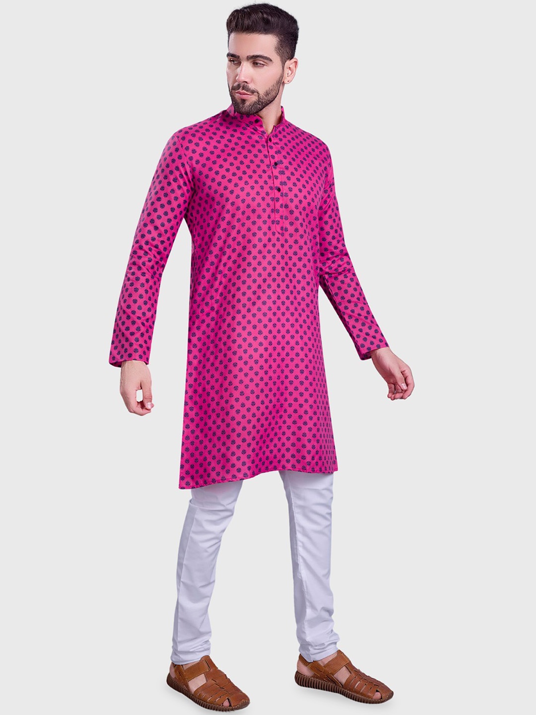 

SHIWAM ETHNIX Mandarin Collar Printed Regular Straight Kurta with Pyjamas, Pink