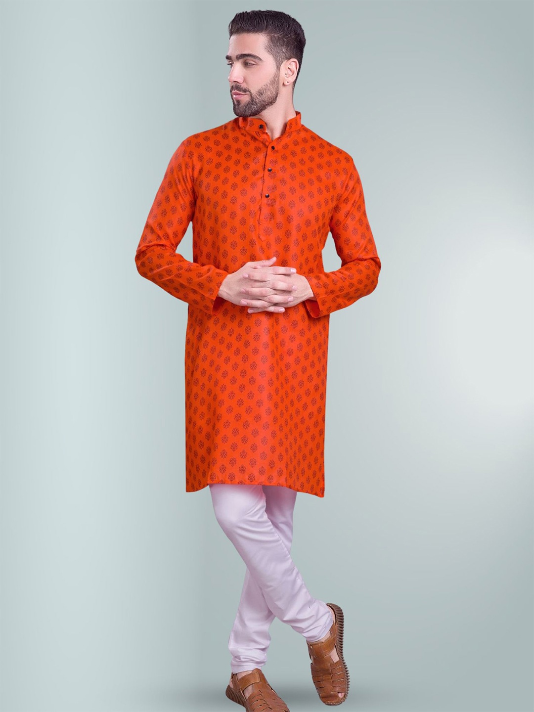 

SHIWAM ETHNIX Ethnic Motifs Printed Mandarin Collar Straight Kurta With Pyjamas, Orange