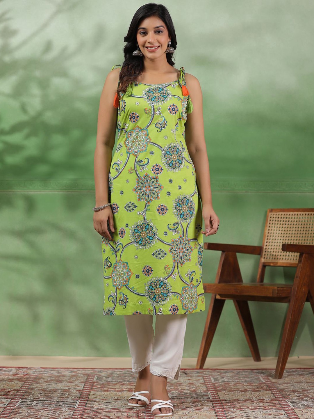 

Sangria Lime Green & Blue Ethnic Motif Printed Shoulder Straps Cotton Straight Kurta