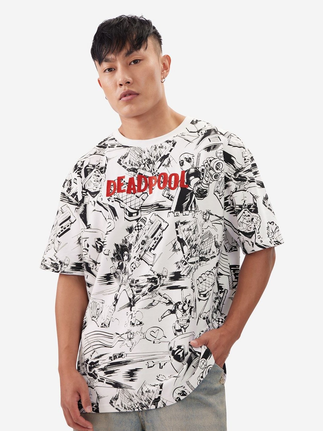 

The Souled Store Men Deadpool Printed Oversized Pure Cotton T-shirt, White
