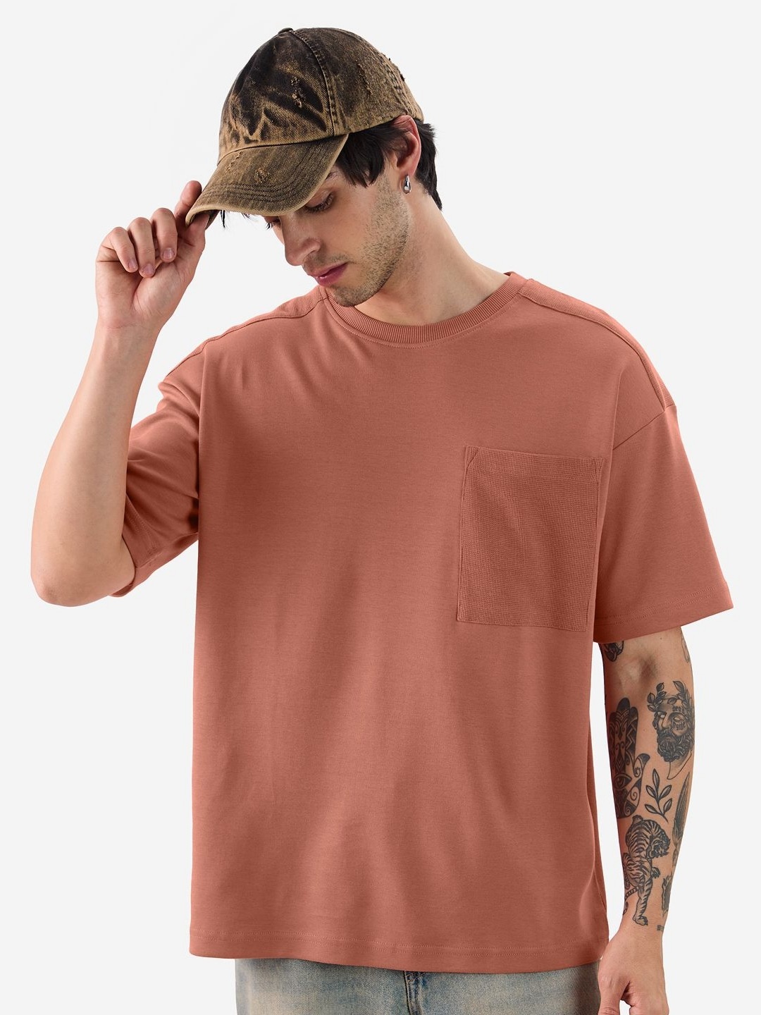 

The Souled Store Men Solid Round Neck Pockets Cotton Oversized T-shirt, Red