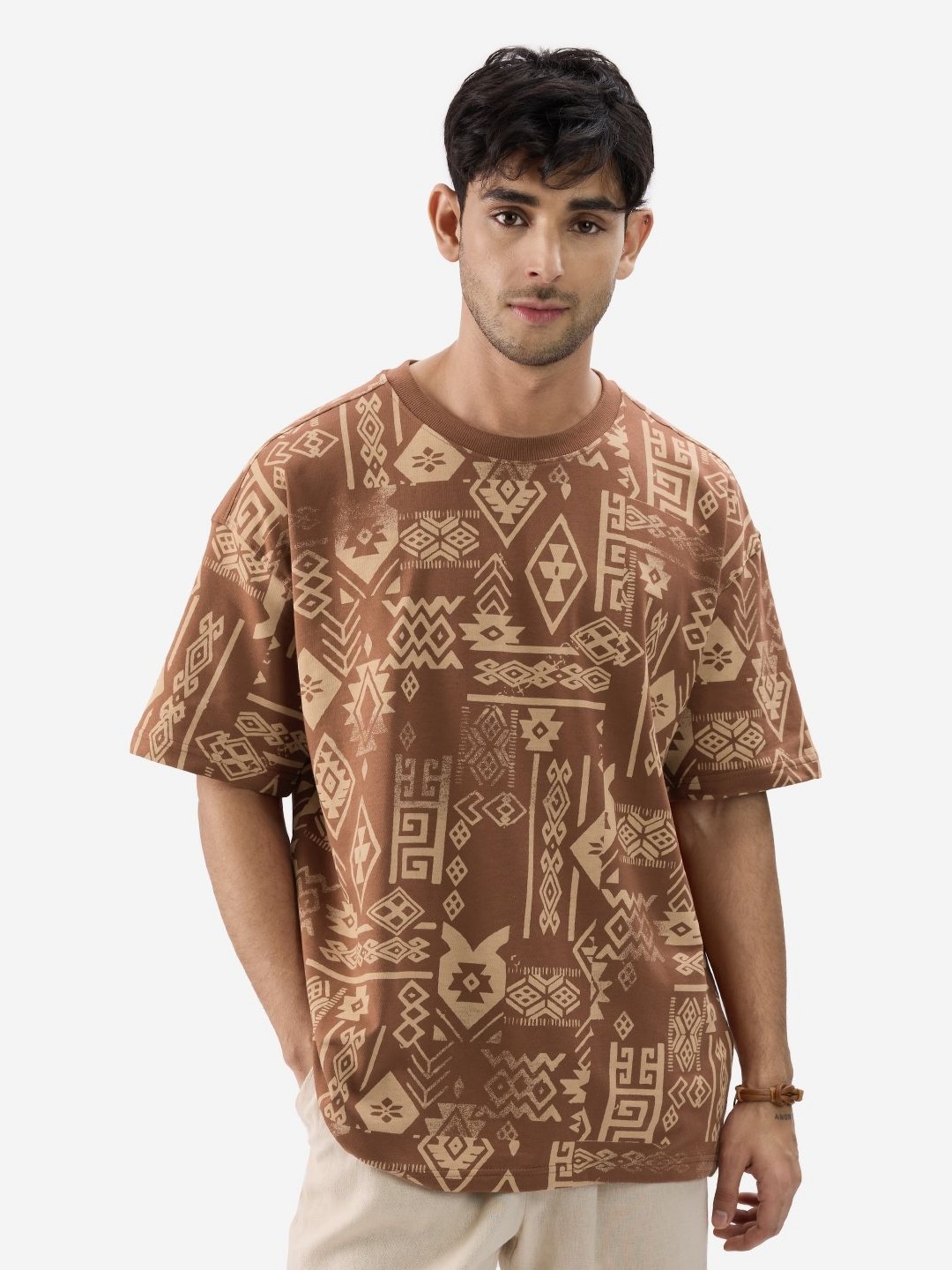 

The Souled Store Men Aztec Printed Cotton Oversized Fit T-shirt, Brown