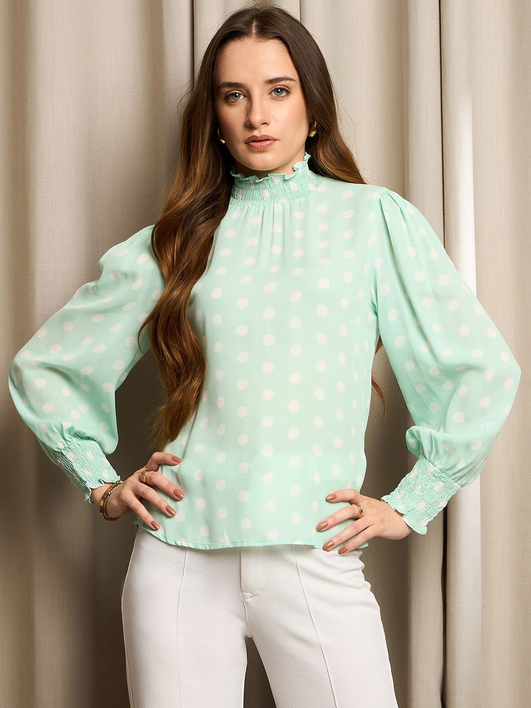 

RARE Geometric Print Puff Sleeve Top, Sea green