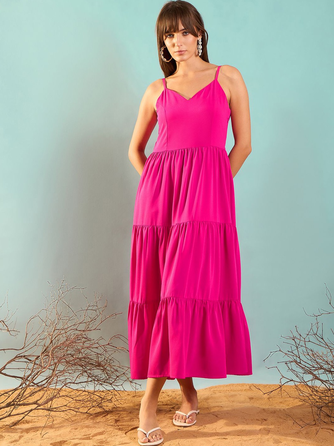 

RARE Shoulder Straps Tiered Fit & Flare Midi Dress, Pink