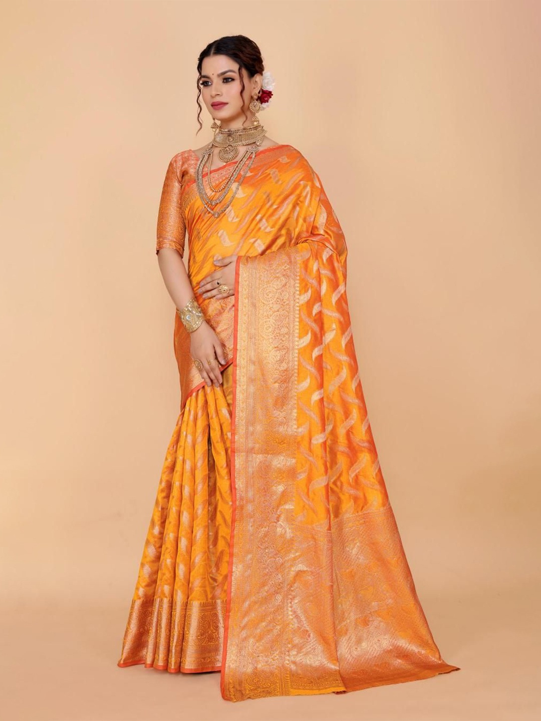 

AKSH FASHION Woven Design Zari Organza Saree, Orange