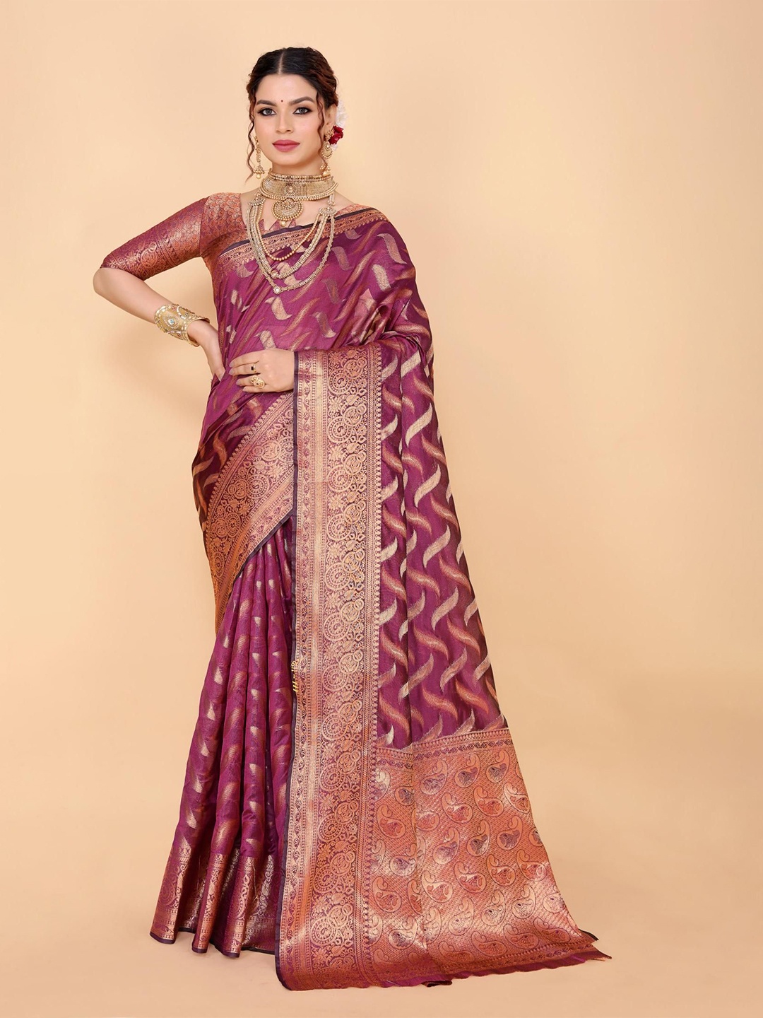 

AKSH FASHION Woven Design Zari Organza Saree, Magenta