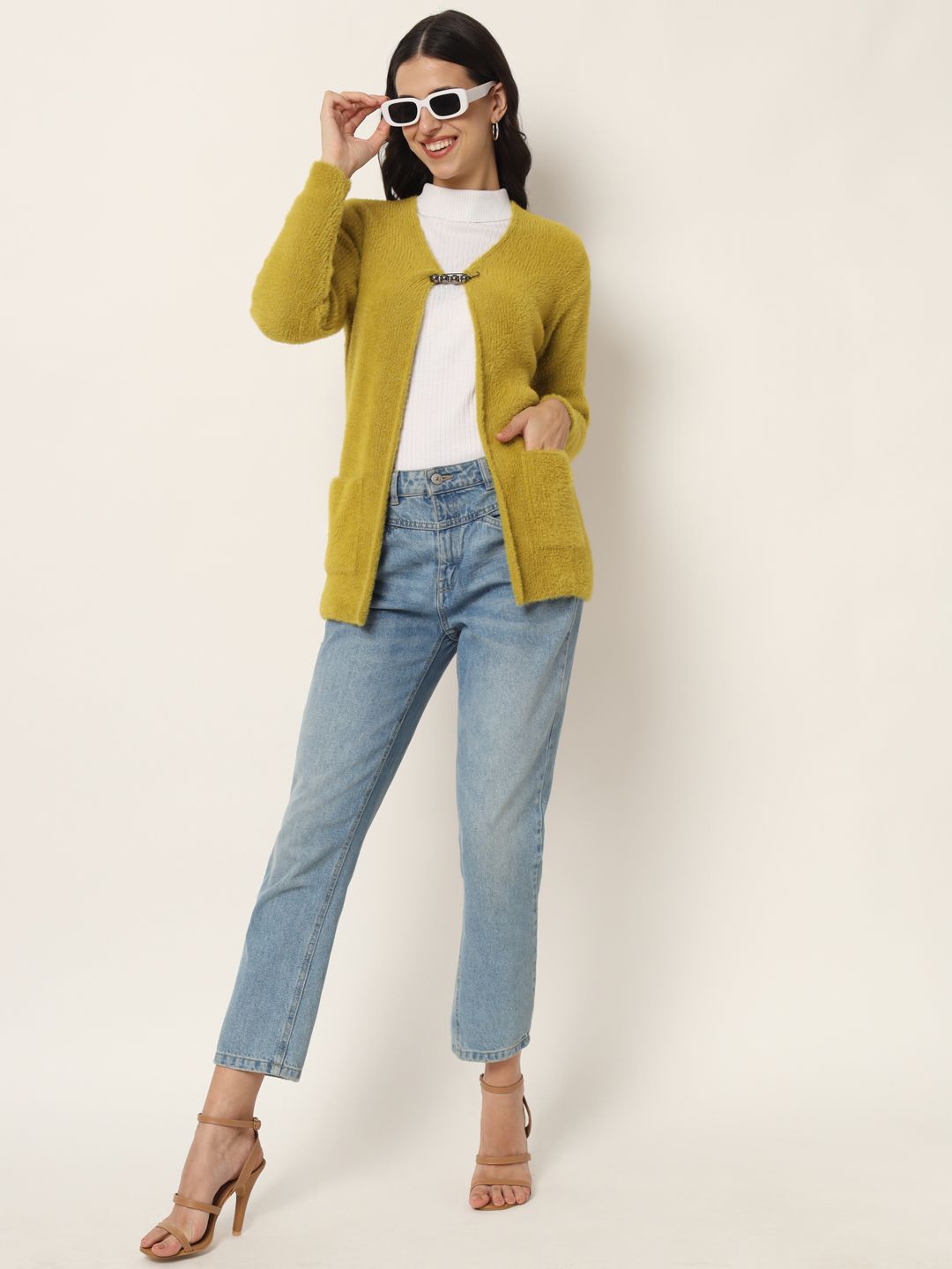 

Chemistry Embellished V-Neck Pure Woollen Shrug, Mustard