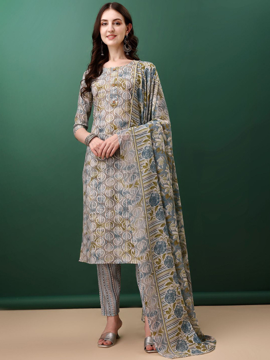 

KALINI Floral Printed Straight Kurta with Trousers & Dupatta, Blue