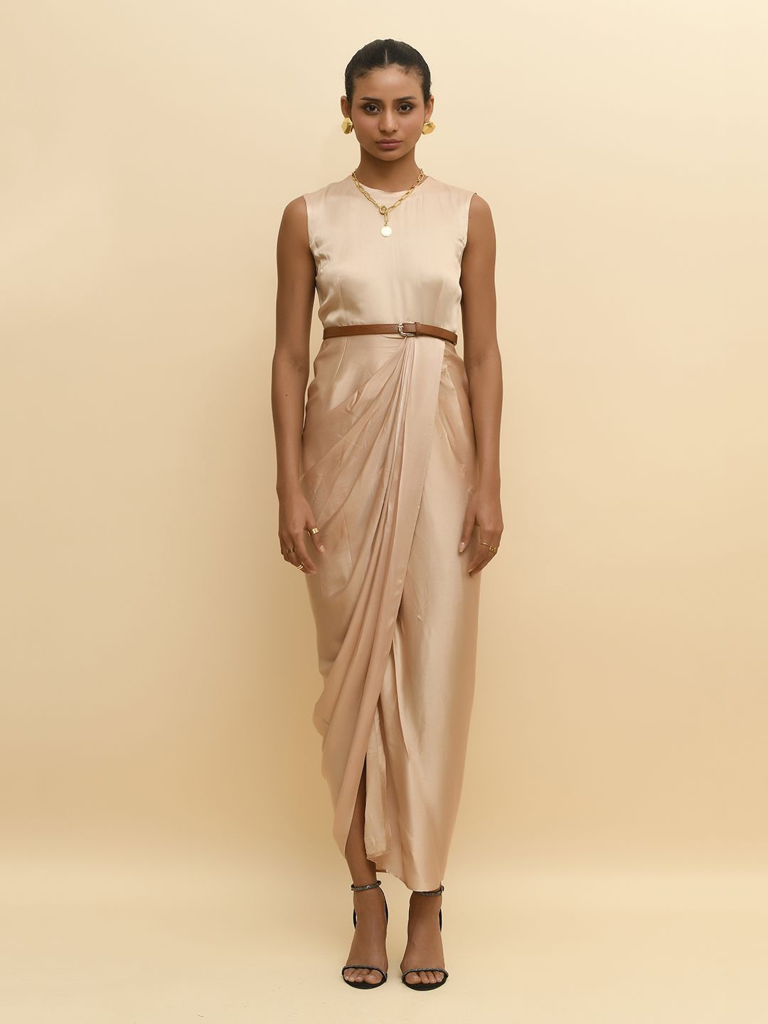 

R.Y by Rishi and Vibhuti Round Neck Sleeveless Pleated Wrap Dress, Beige