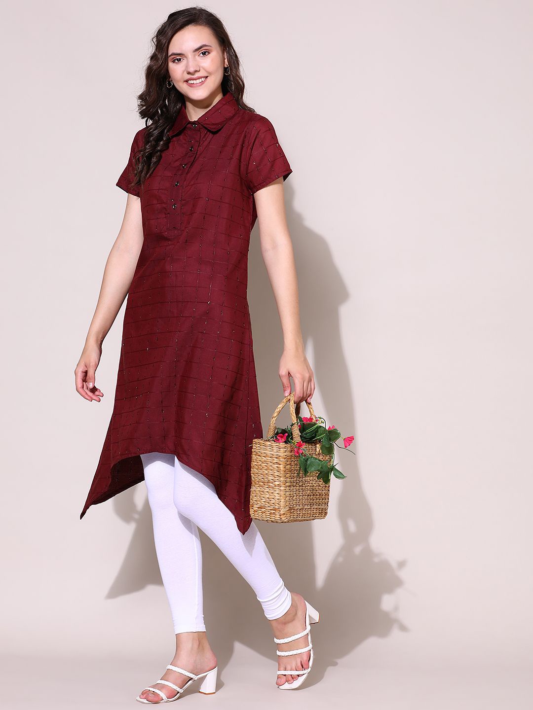 

KALINI Check Style Stylish Lurex Weave Designer Embroidered Kurti for Women, Red