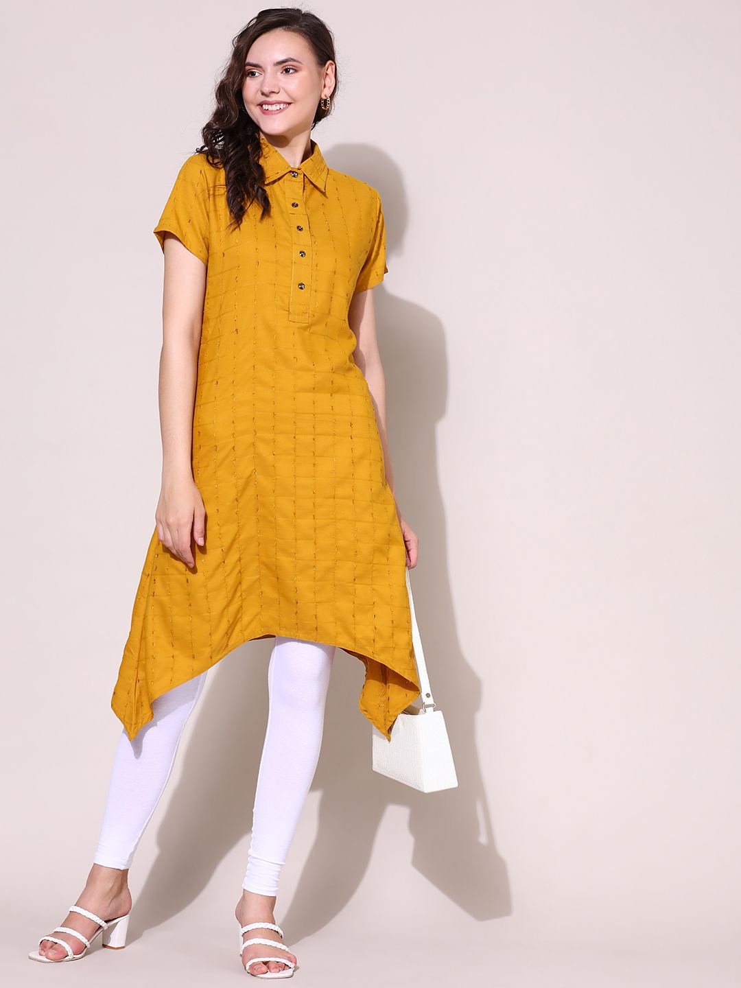 

KALINI Embroidered Check Style Lurex Weave Designer Kurta, Yellow