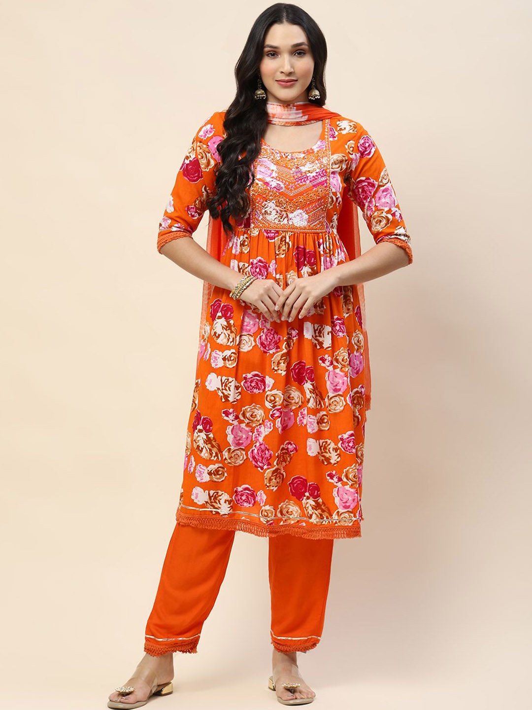 

Meena Bazaar Floral Printed Cotton Kurta with Trousers & Dupatta, Orange
