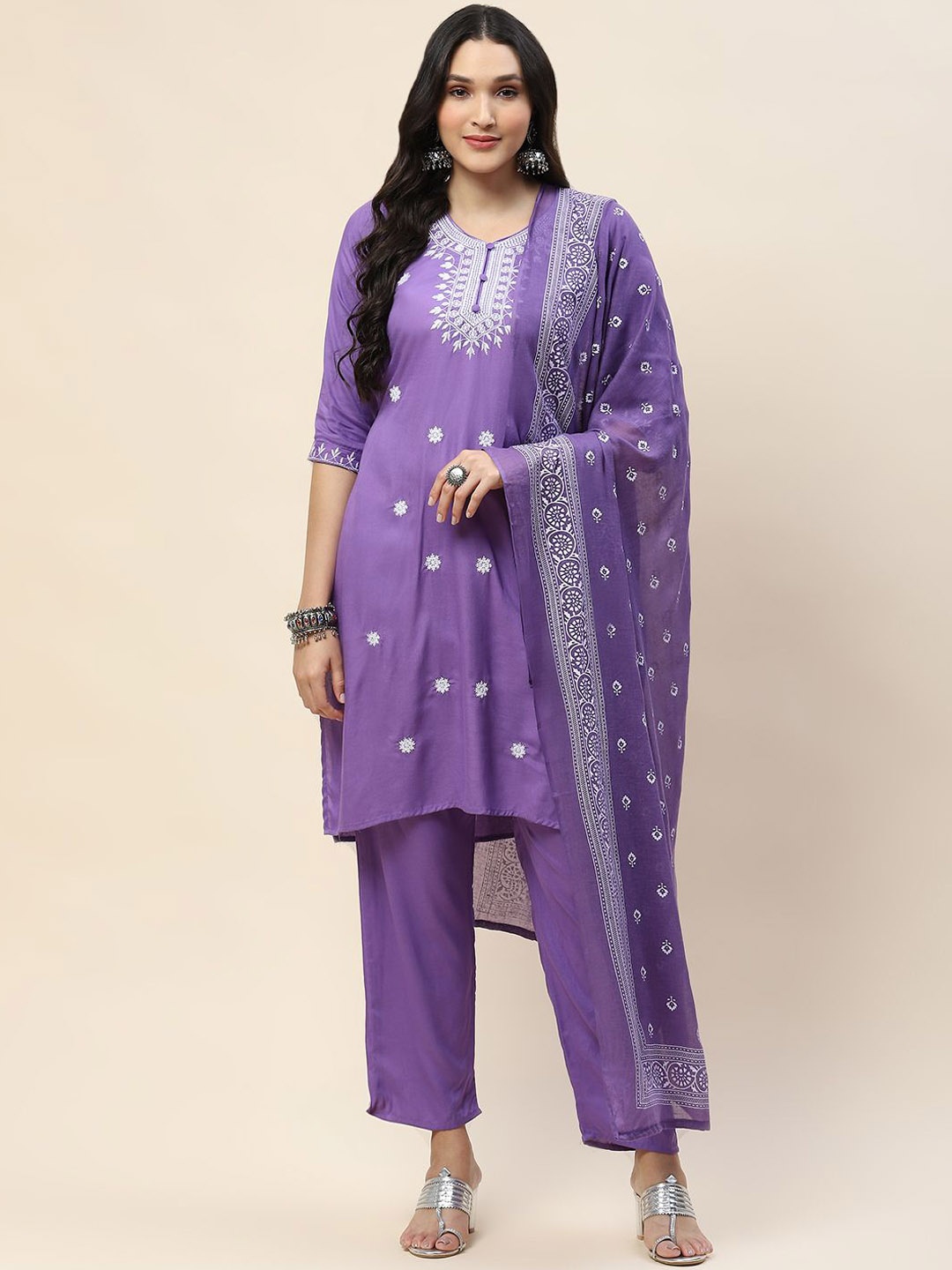 

Meena Bazaar Floral Embroidered Kurta with Trousers & With Dupatta, Purple