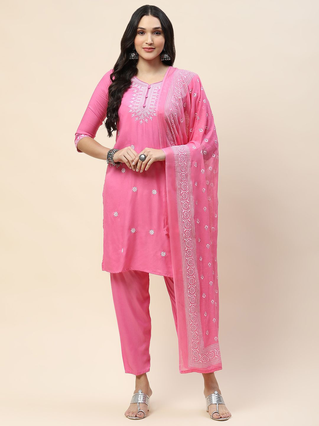 

Meena Bazaar Floral Embroidered Regular Kurta with Trousers & Dupatta, Pink